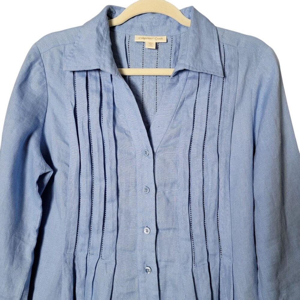 Coldwater Creek Womens Blue Linen Boho Pintuck 3/4 Sleeves Button Front Top M - Picture 3 of 10